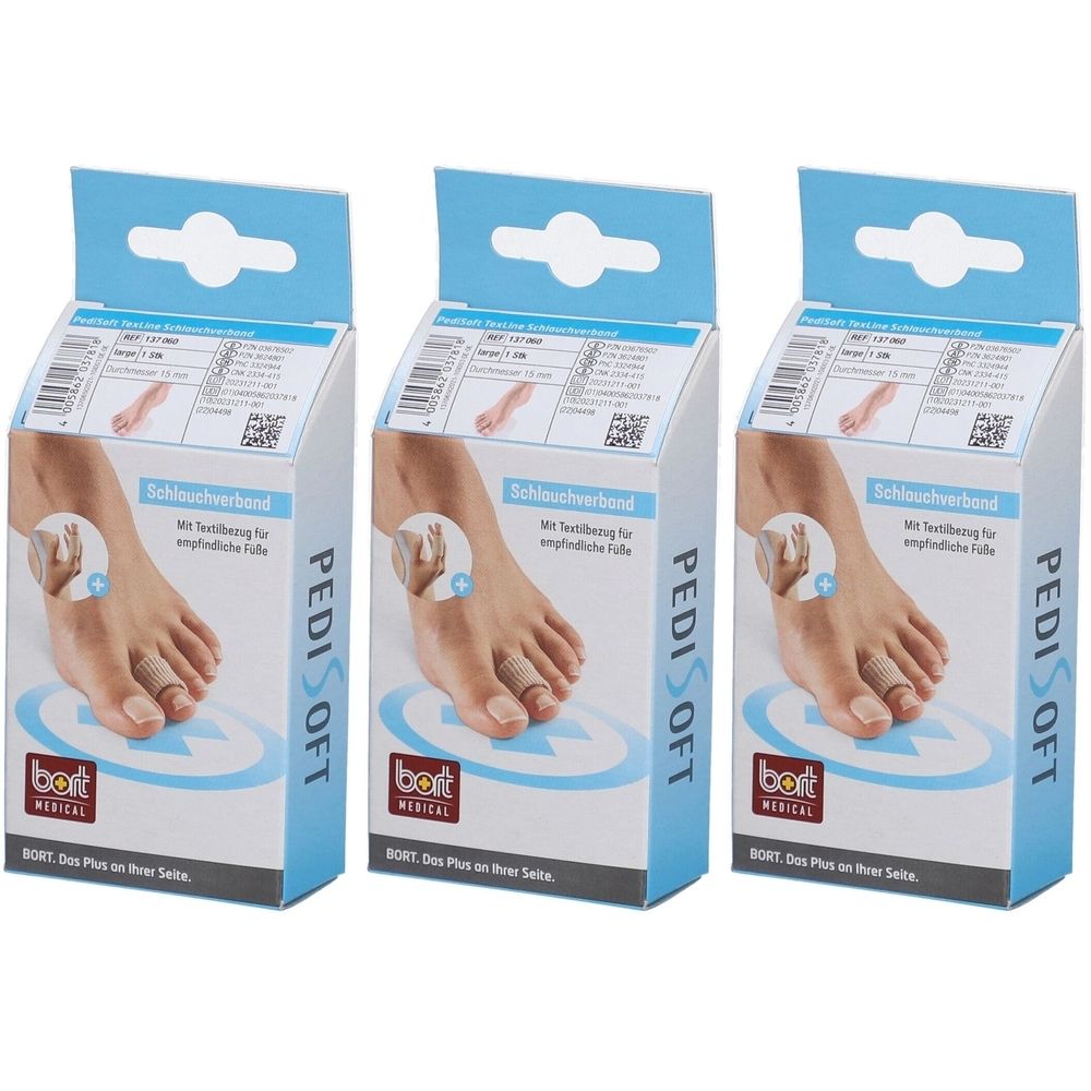 Trois boîtes de PediSoft TexLine. Inscriptions : BORT MEDICAL, PediSoft, Schlauchverband, illustration d'un pied.
