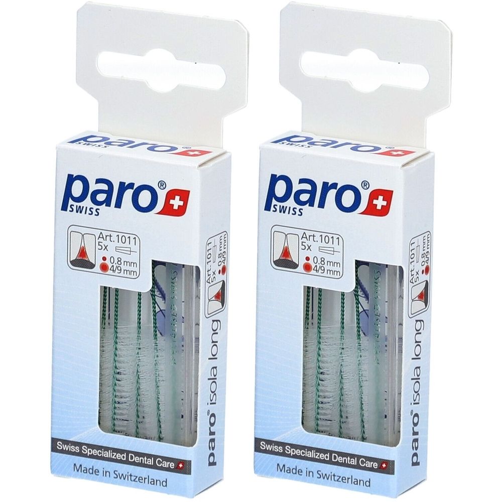 Twee verpakkingen paro® Isola Long interdentale borstels. Witte verpakking met logo en maatindicaties.