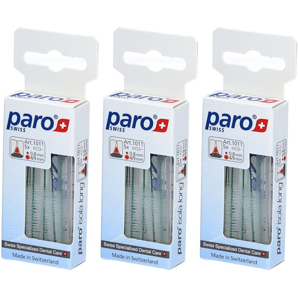 Drie verpakkingen paro® Isola Long interdentale borstels. Witte verpakking met productinformatie en merklogo. Gemaakt in Zwitserland.