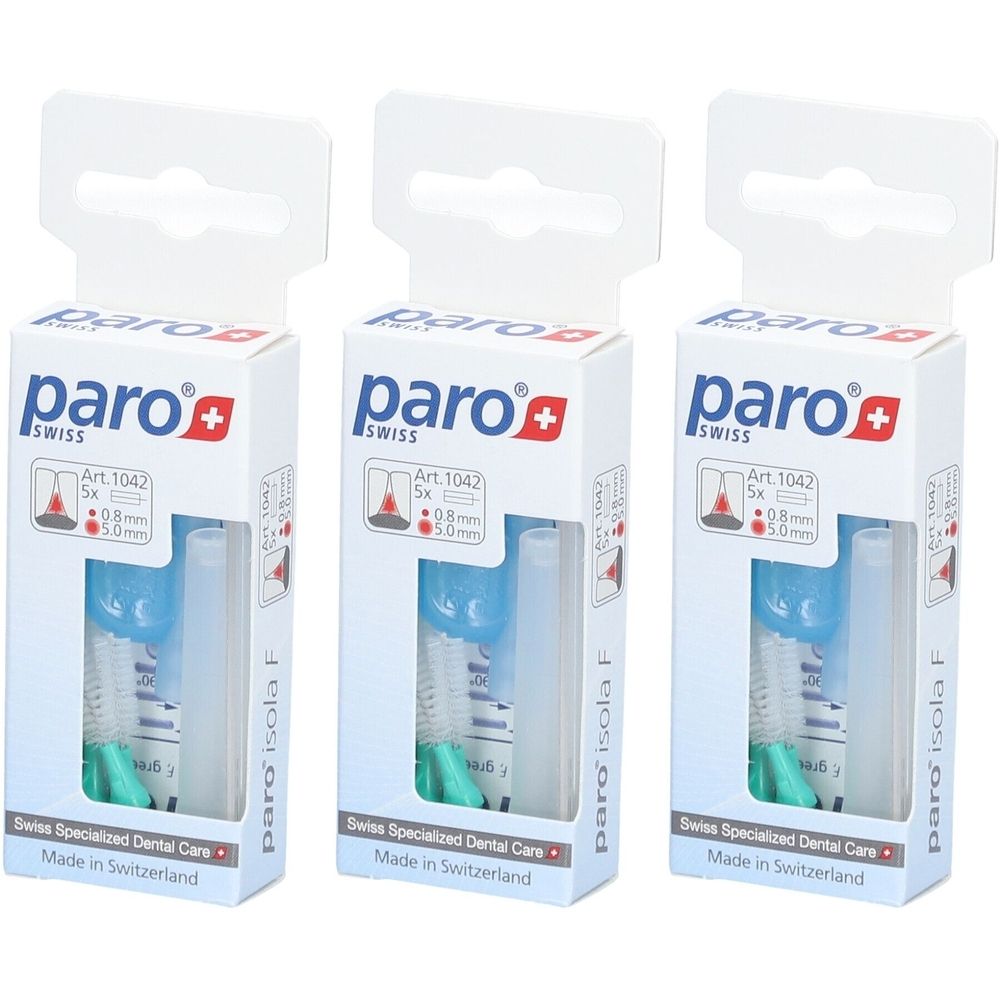 Drie verpakkingen paro® Isola F tandenstokers. Elke verpakking bevat een borstel en een beschermhoes. Groen en blauw.