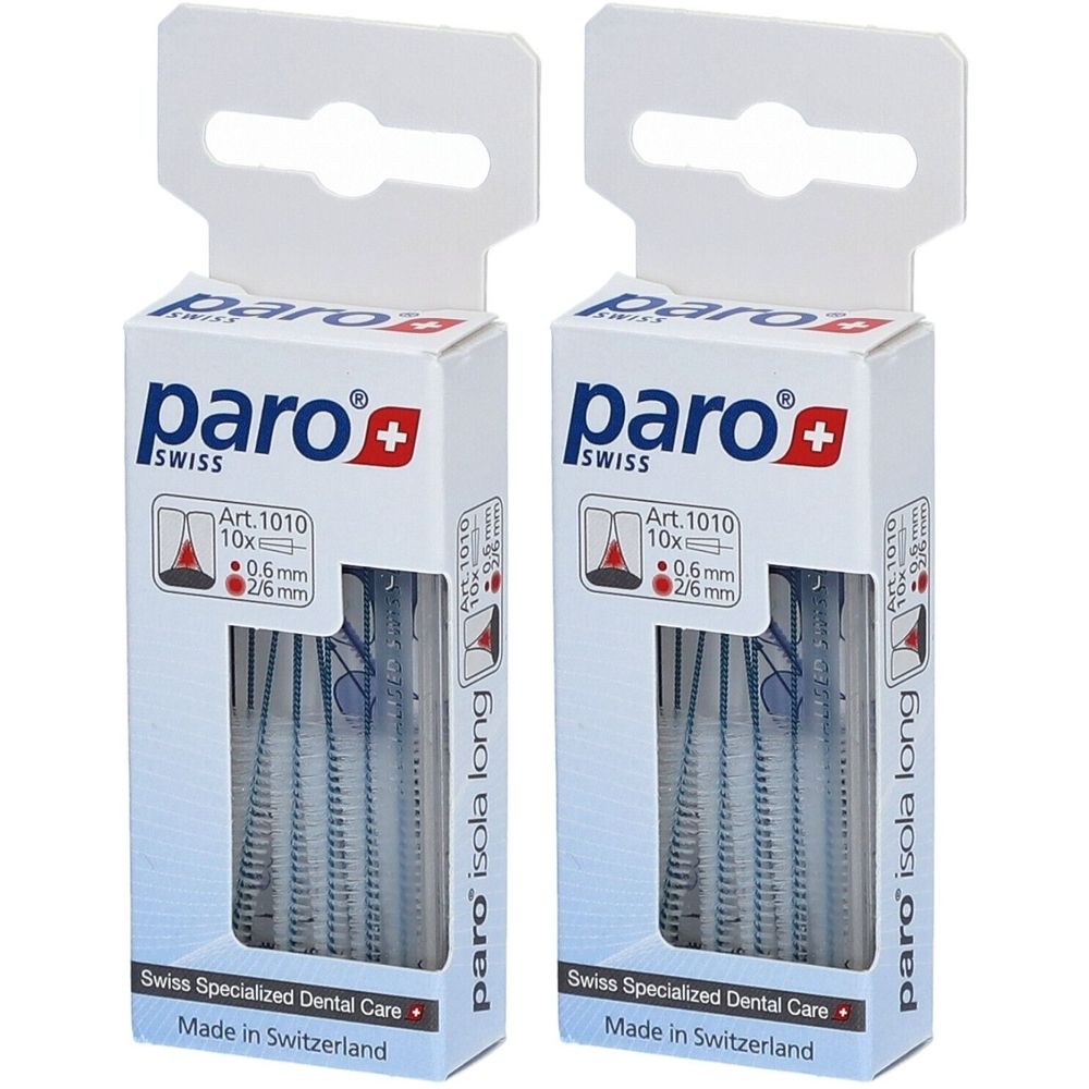Deux boîtes de brosses interdentaires paro® Isola Long. Emballage blanc avec logo, croix rouge et informations produit. Fabriqué en Suisse.