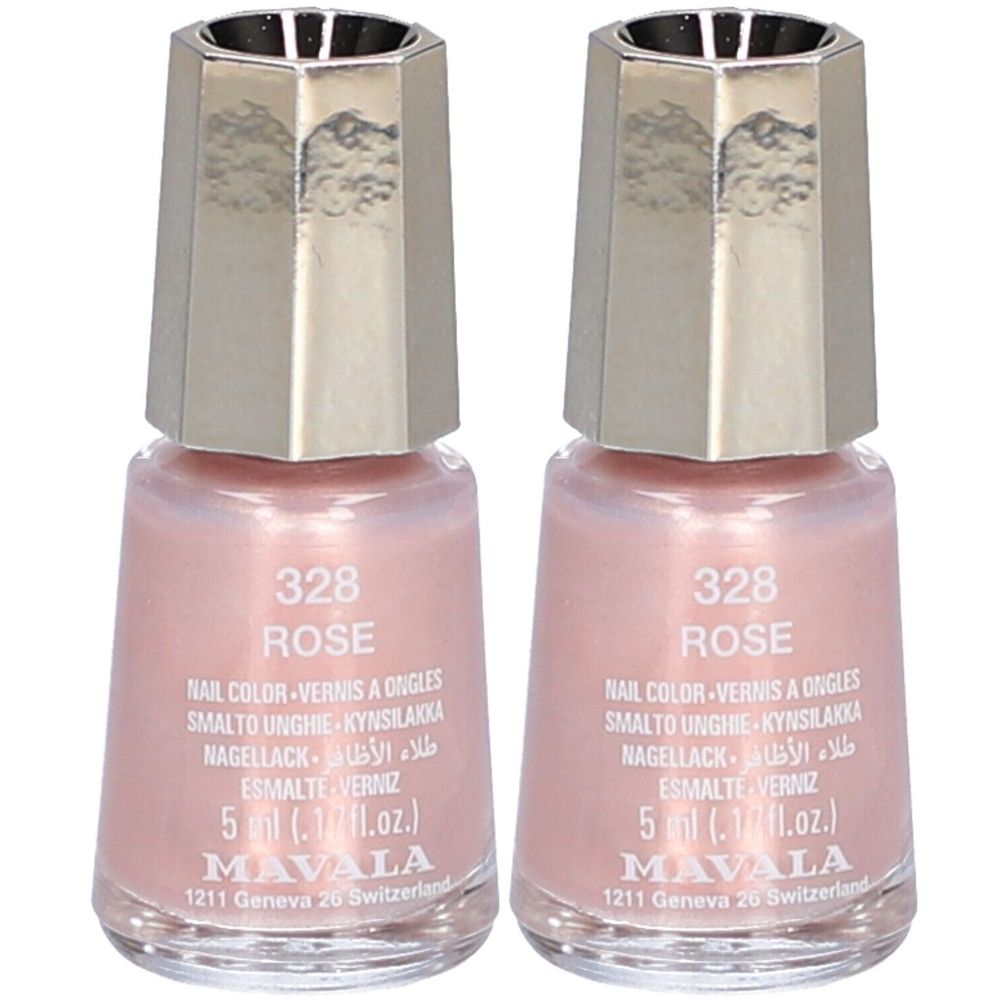 Twee roze nagellakflesjes. Opschrift: 328 ROSE, Nail Color, 5 ml, MAVALA. Zilverkleurige dop.
