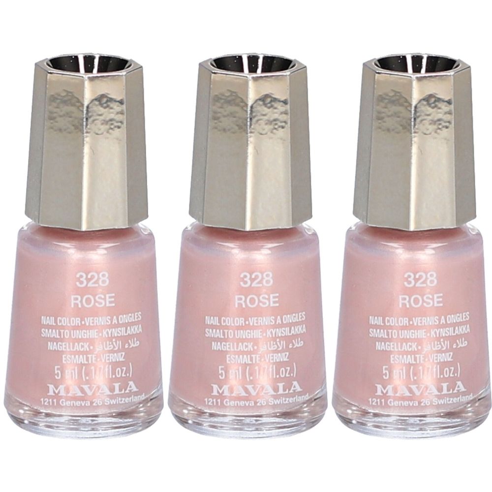 Drie flesjes roze nagellak. Opschrift: 328 ROSE, MAVALA. Zilverkleurige dop. 5 ml.