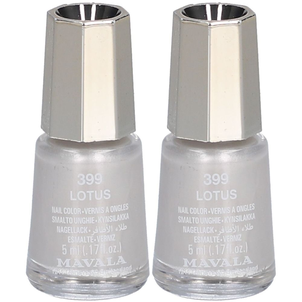 Deux flacons de vernis à ongles Lotus 399, bouchons argentés. Inscription : Nail Color, 5 ml, marque Mavala.