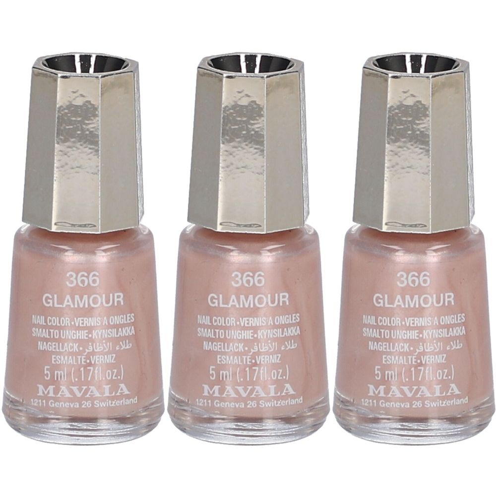 Trois flacons de vernis à ongles. Teinte rose, bouchon argenté. Inscription : 366 Glamour, Mavala, 5 ml.
