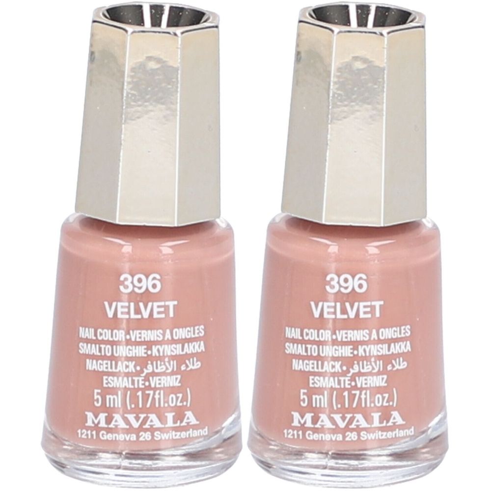 Deux flacons de vernis à ongles, couleur 396 Velvet. Flacons en verre avec bouchons argentés. Inscription : Mavala, 5 ml.