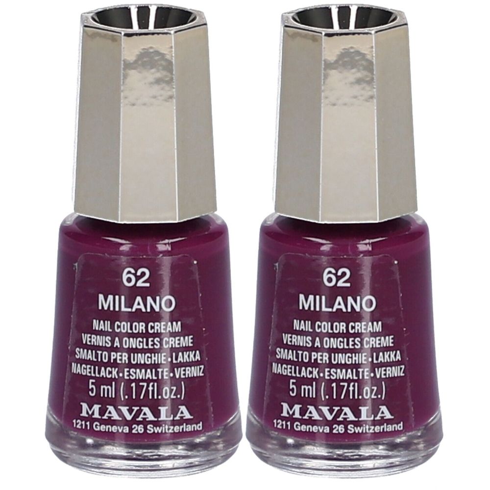 Deux flacons de vernis à ongles Mavala, couleur 62 Milano. Chaque flacon contient 5 ml. Bouchon argenté.