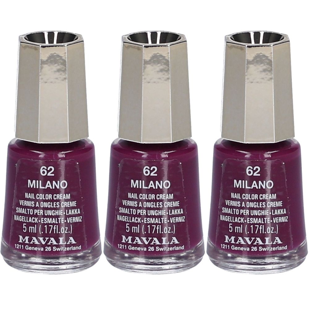 Trois flacons de vernis à ongles. Couleur 62 Milano. Marque Mavala. Flacons avec bouchons argentés. Inscription : Nail Color Cream.