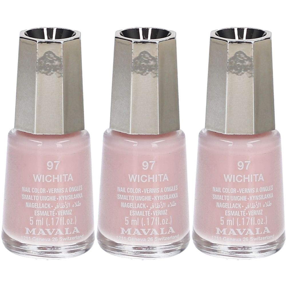 Drie flesjes roze nagellak. Opschrift: 97 Wichita, Mavala. Zilverkleurige dop. Inhoud: 5 ml.