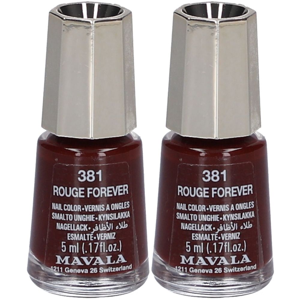Deux flacons de vernis à ongles rouge foncé. Inscription : 381 Rouge Forever, Mavala. Bouchon métallique, flacon en verre. 5 ml.