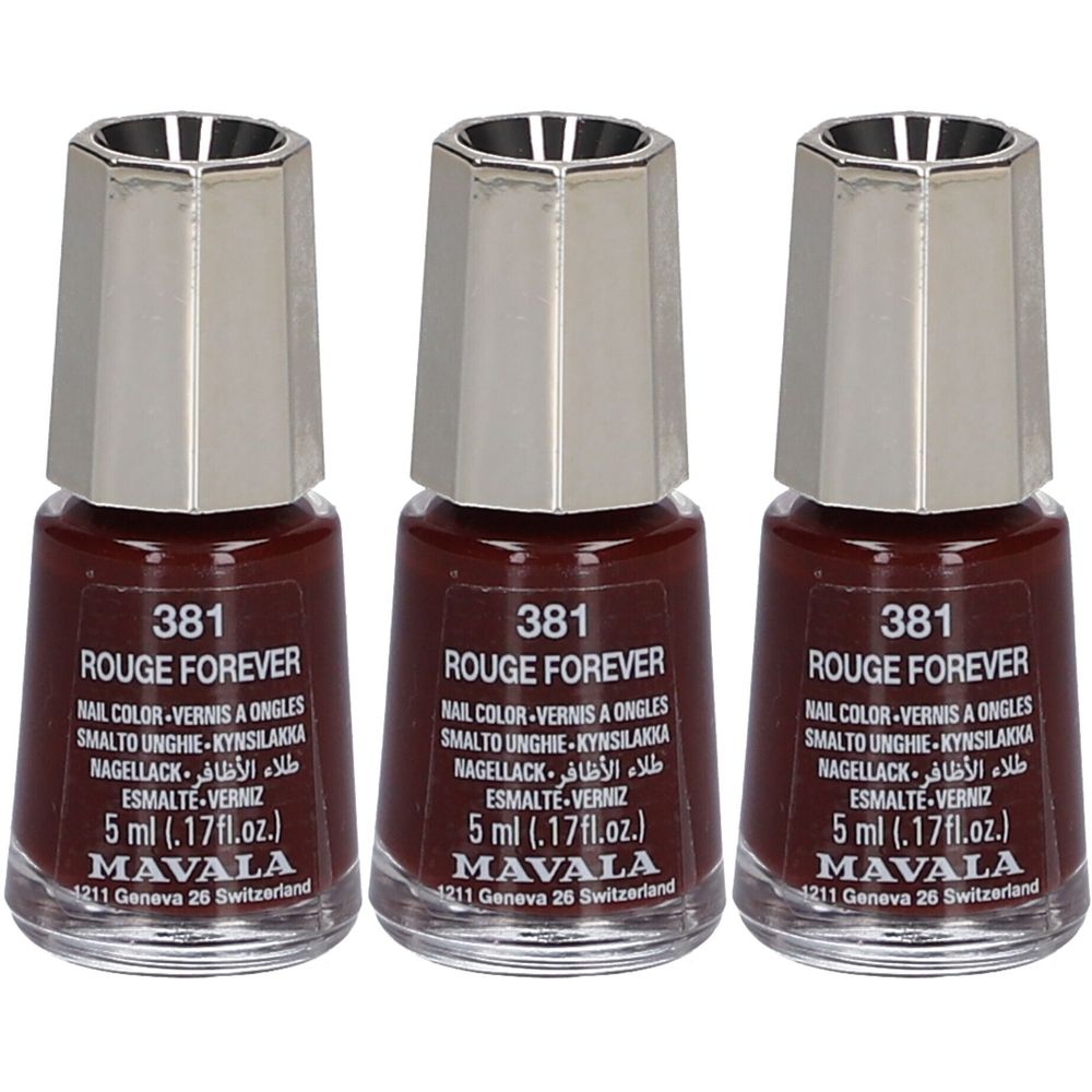 Trois flacons de vernis à ongles rouge foncé. Inscription: 381 ROUGE FOREVER, MAVALA. Bouchon argenté. 5 ml.