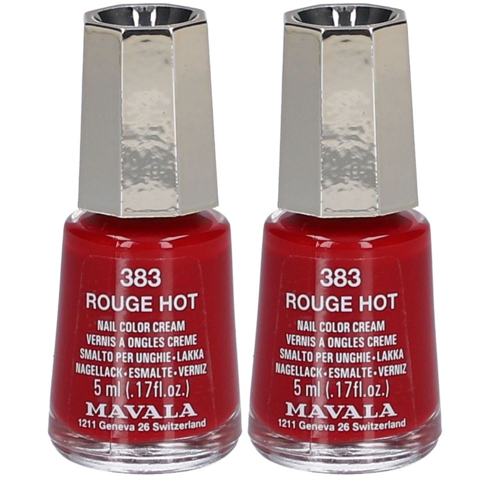Deux flacons de vernis à ongles rouges. Inscription : 383 ROUGE HOT, 5 ml, MAVALA. Bouchon argenté.