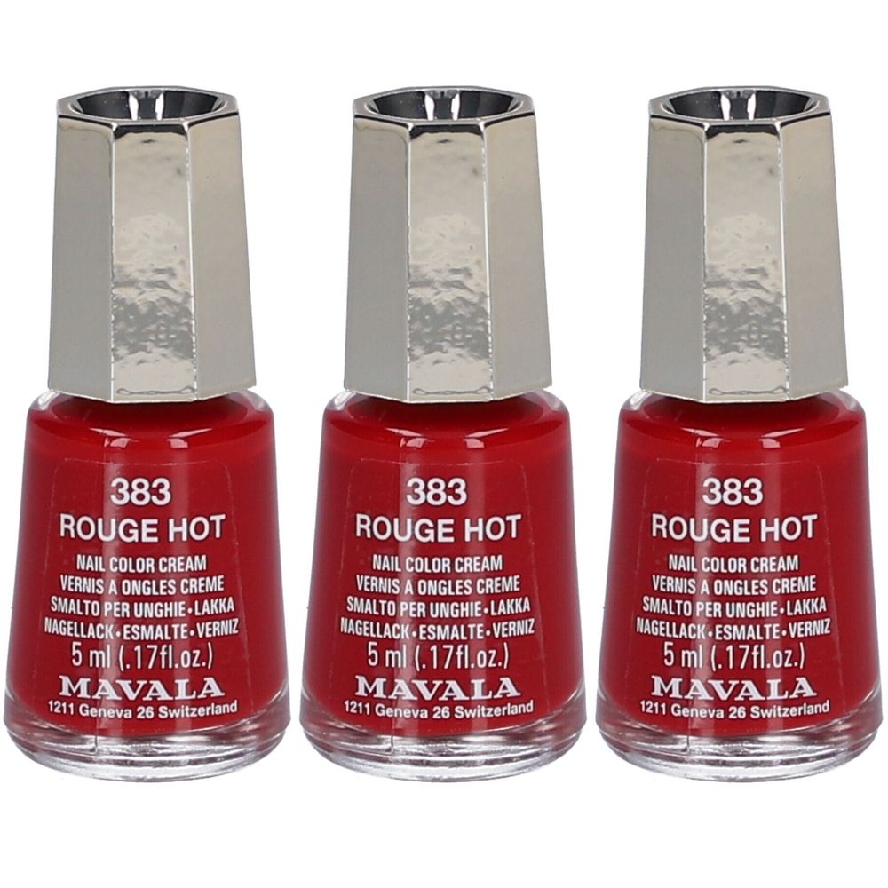 Trois flacons de vernis à ongles rouges. Inscription: 383 Rouge Hot, Nail Color Cream, Mavala. Bouchon argenté. 5 ml.