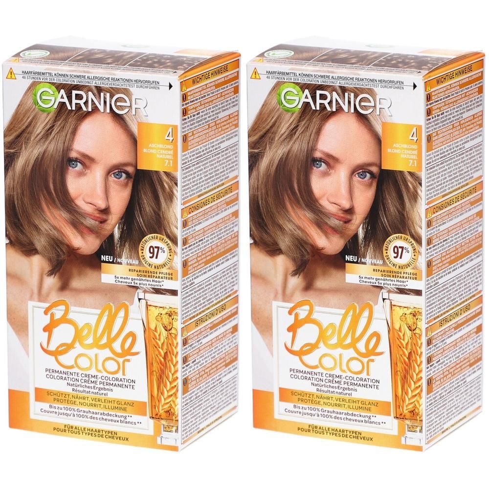 Twee dozen Garnier Belle Color, nr. 4 Asblond. Dozen met productafbeelding en tekst. Opschrift: Permanente crème kleuring.