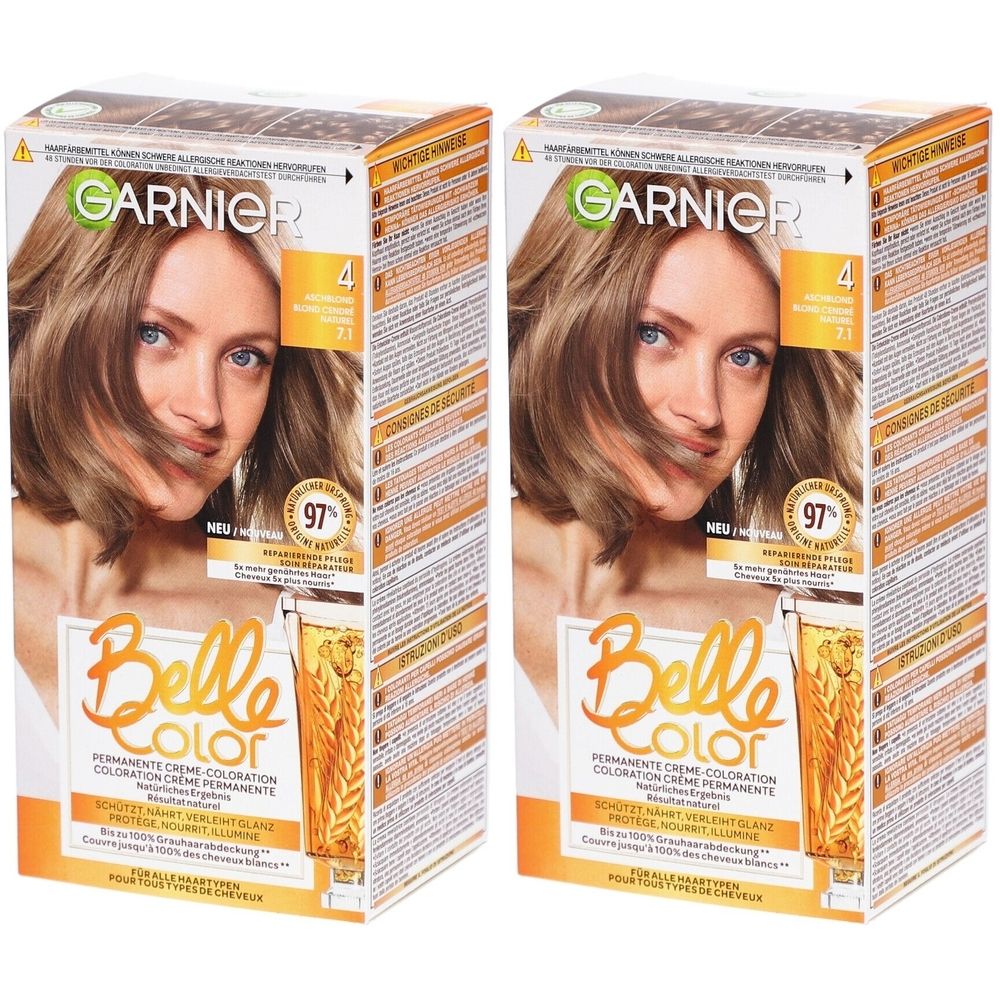 Deux boîtes de Garnier Belle Color, n°4 Blond cendré. Emballages avec image et texte du produit. Inscription : Coloration crème permanente.