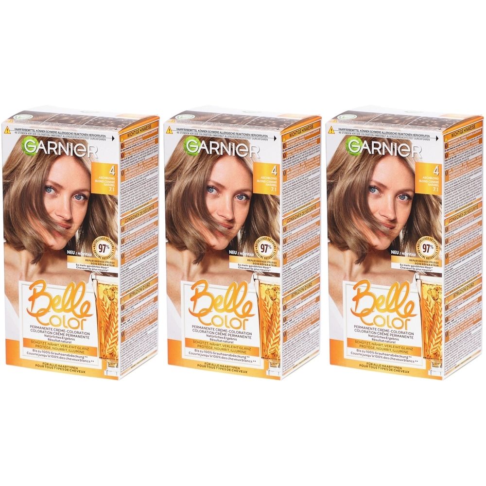 Trois boîtes de coloration Garnier Belle Color. Inscription : N°4 Blond cendré. Image d'une femme aux cheveux bruns.