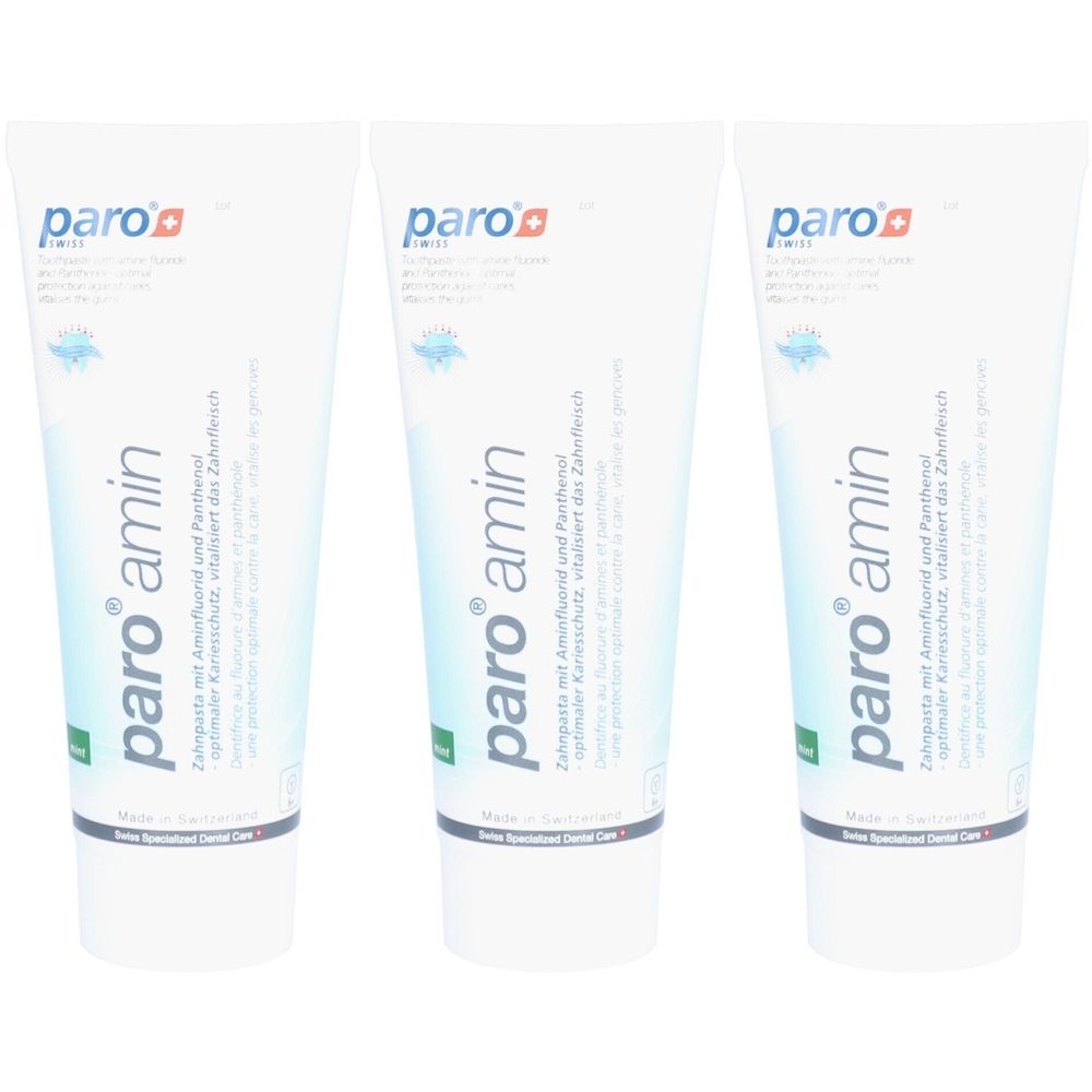 Drie tubes paro® Amin Tandpasta Munt met aminfluoride en panthenol voor optimale bescherming tegen gaatjes.