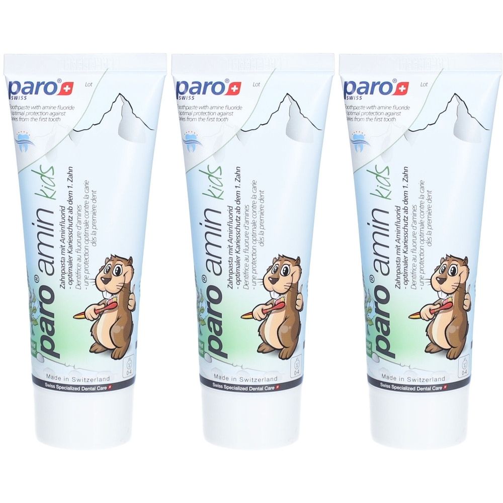 Trois tubes de dentifrice pour enfants paro amin kids. Chaque tube présente un logo et un dessin d'écureuil.