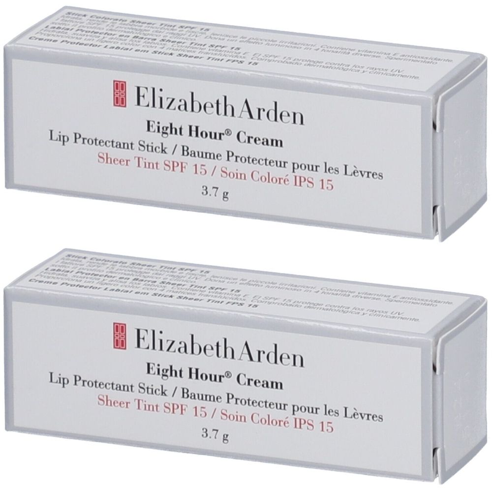 Twee dozen Elizabeth Arden Eight Hour Cream Lip Protectant Stick. Tekst: Sheer Tint SPF 15, 3.7 g.