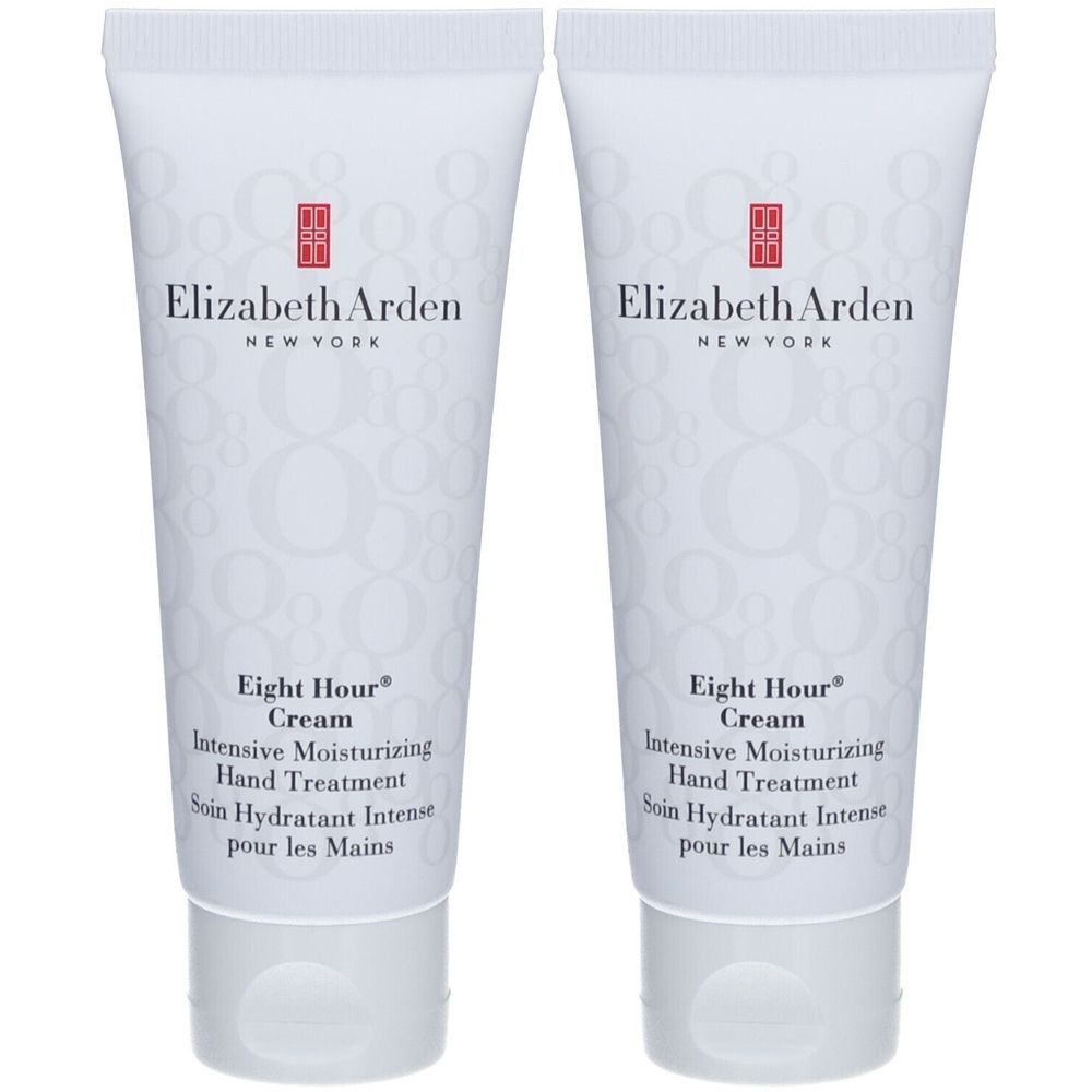 Twee tubes Elizabeth Arden Eight Hour® Cream Hand Treatment. Witte tubes met rood logo en productnaam.