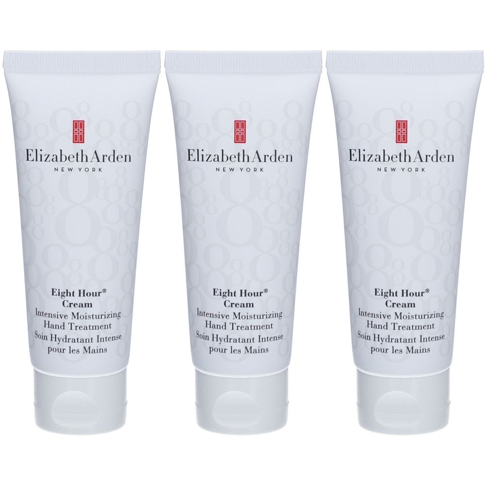 Drie witte tubes handcrème. Op elke tube staat "Elizabeth Arden" en "Eight Hour Cream". Tekst in het Engels en Frans.