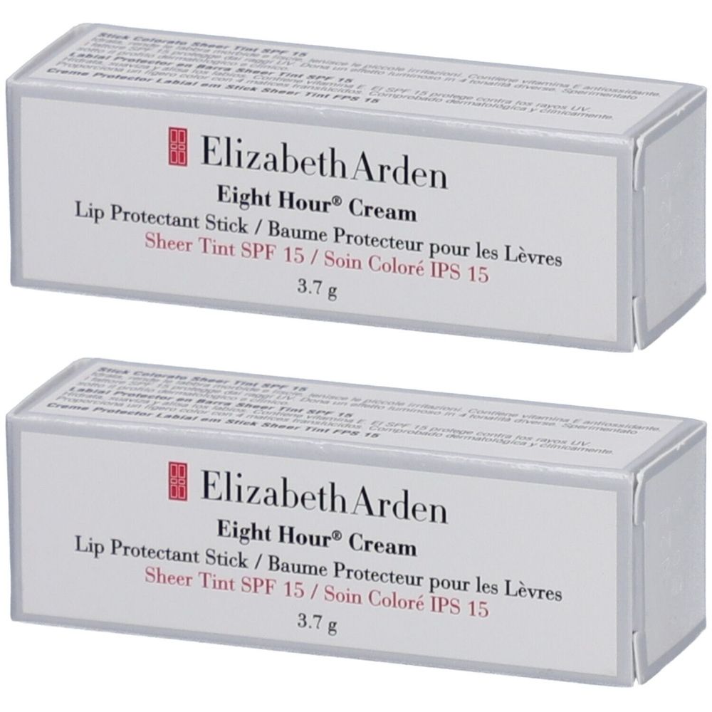 Twee rechthoekige dozen. Opschrift: Elizabeth Arden Eight Hour Cream Lip Protectant Stick SPF 15. Bevat 3,7 g.
