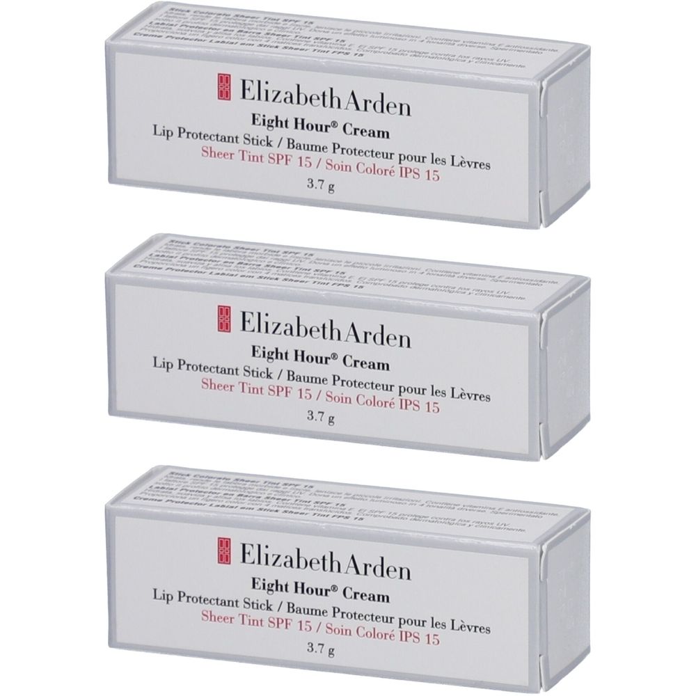 Drie witte dozen met productinformatie. Opschrift: Elizabeth Arden Eight Hour Cream Lip Protectant Stick SPF 15, 3,7 g.