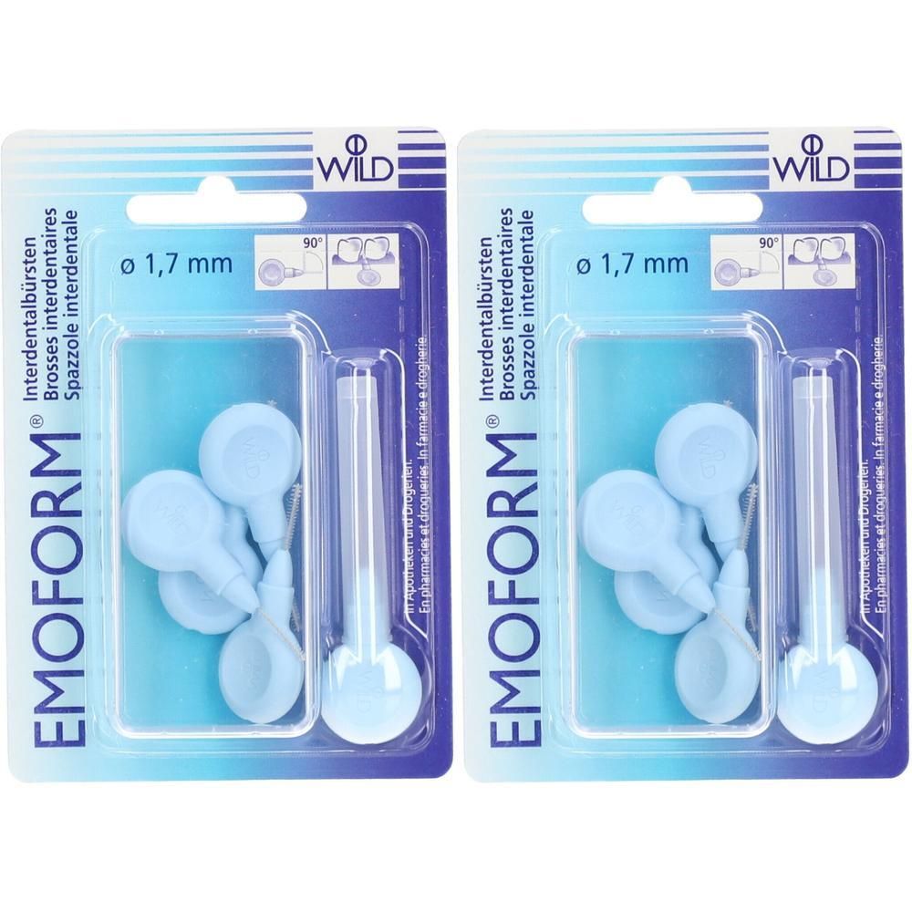 Twee blisters met lichtblauwe interdentale borstels. Elke verpakking bevat vier borstels met een diameter van 1,7 mm.