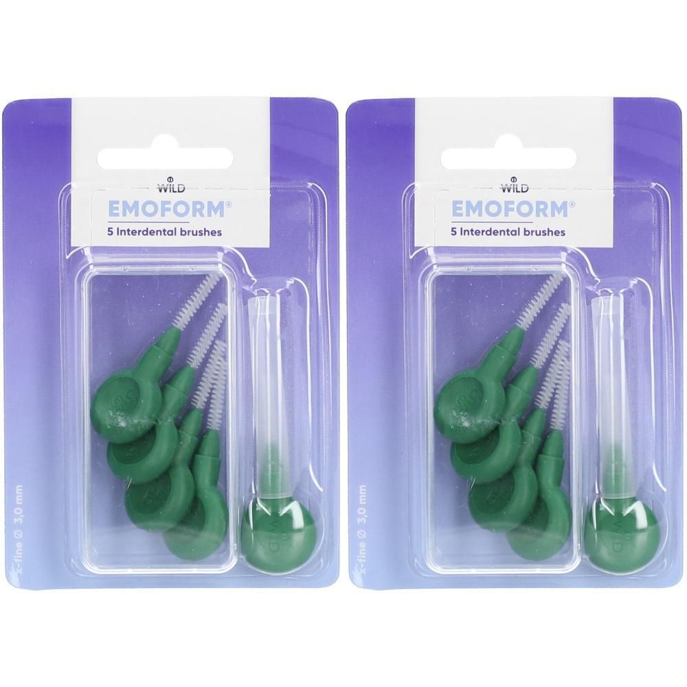 Twee verpakkingen EMOFORM interdentale borstels. Donkergroene handvatten, witte borstelharen. 5 borstels per verpakking. 3,0 mm.