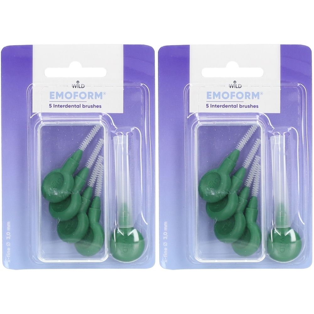 Deux paquets de brosses interdentaires EMOFORM. Manches vert foncé, soies blanches. 5 brosses par paquet. 3,0 mm.