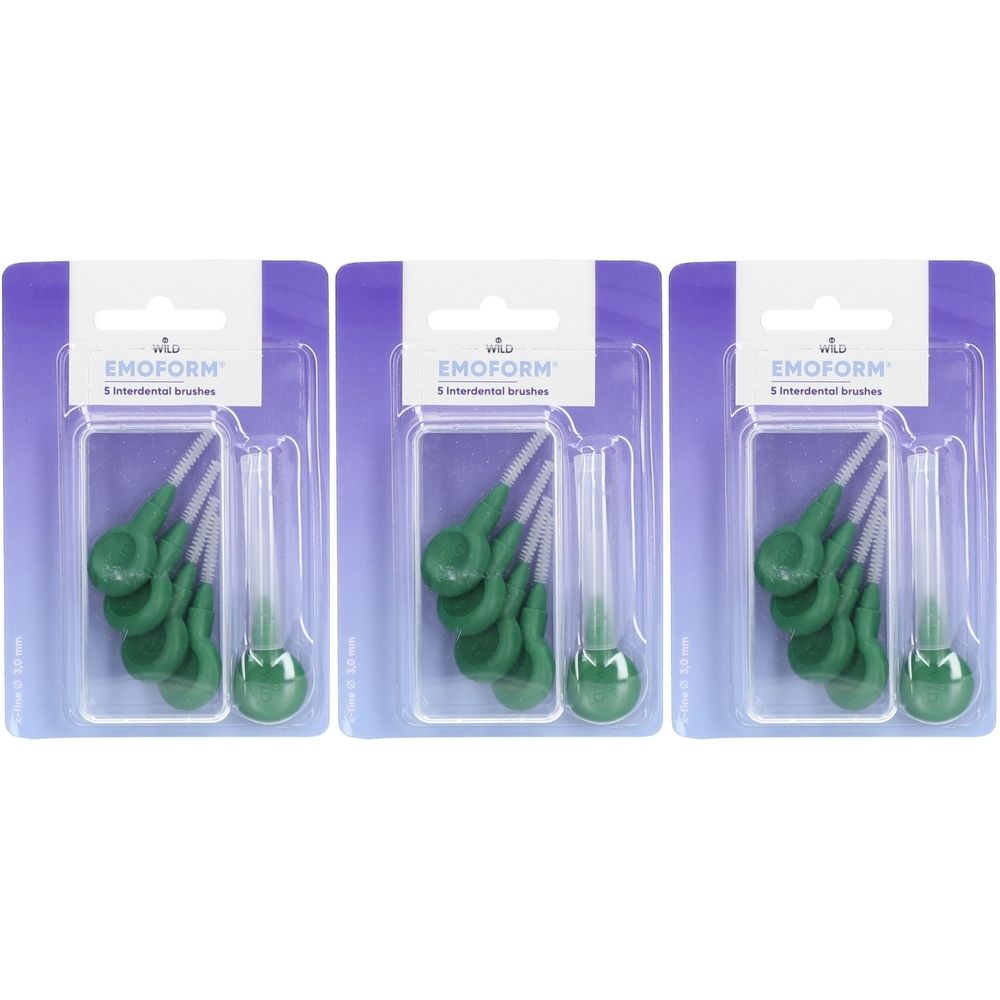 Trois emballages de brosses interdentaires EMOFORM. Chaque paquet contient 5 brosses vert foncé, en blister.