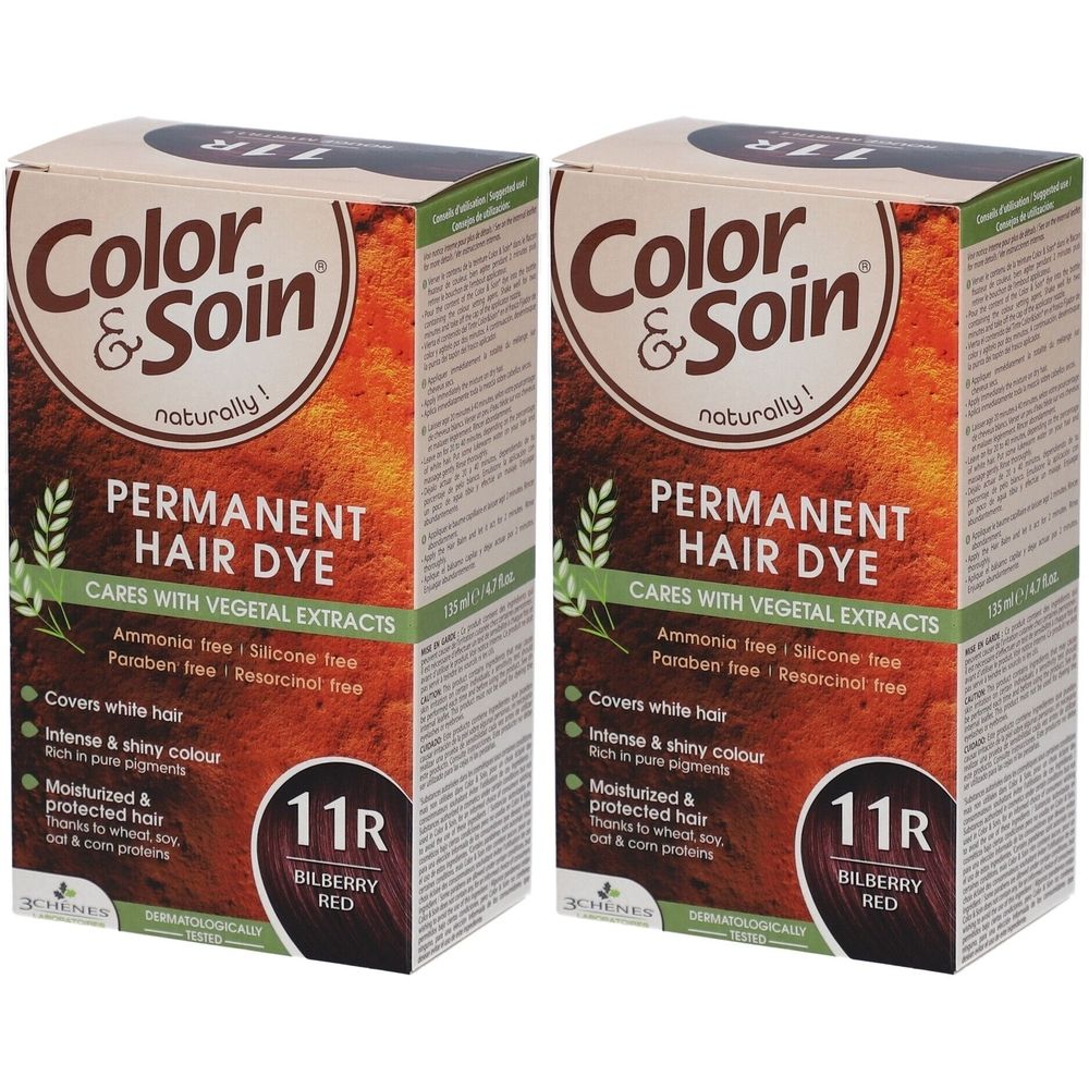 Deux boîtes de Color & Soin® teinture capillaire. Inscription: Permanent Hair Dye, 11R Bilberry Red. Contient des extraits végétaux.