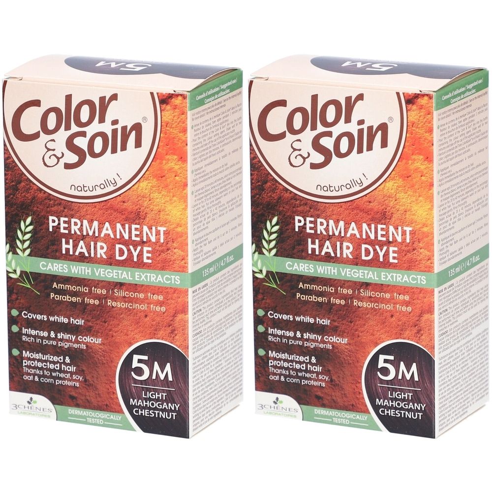 Deux boîtes de coloration capillaire. Inscription : Color & Soin, Permanent Hair Dye, 5M Light Mahogany Chestnut.