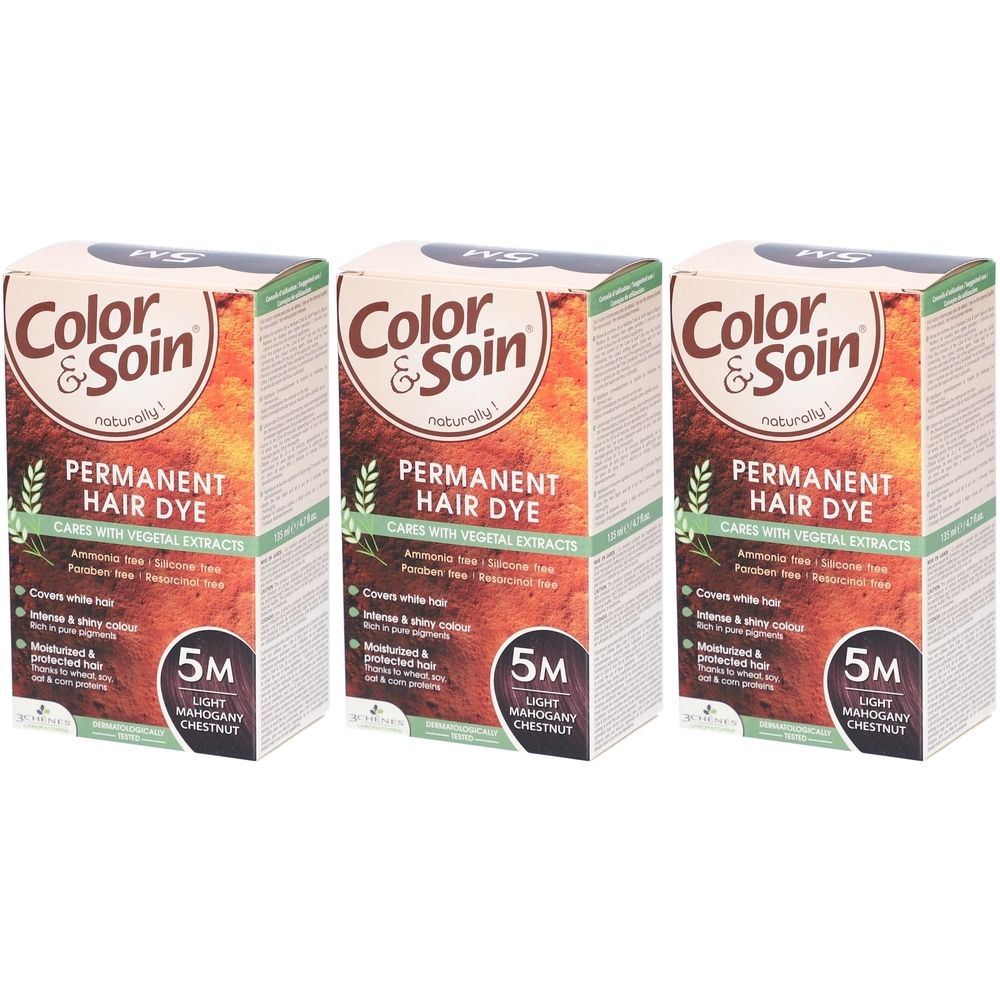 Trois boîtes de Color & Soin Permanent Hair Dye. Inscription : 5M Light Mahogany Chestnut. Avec extraits végétaux.