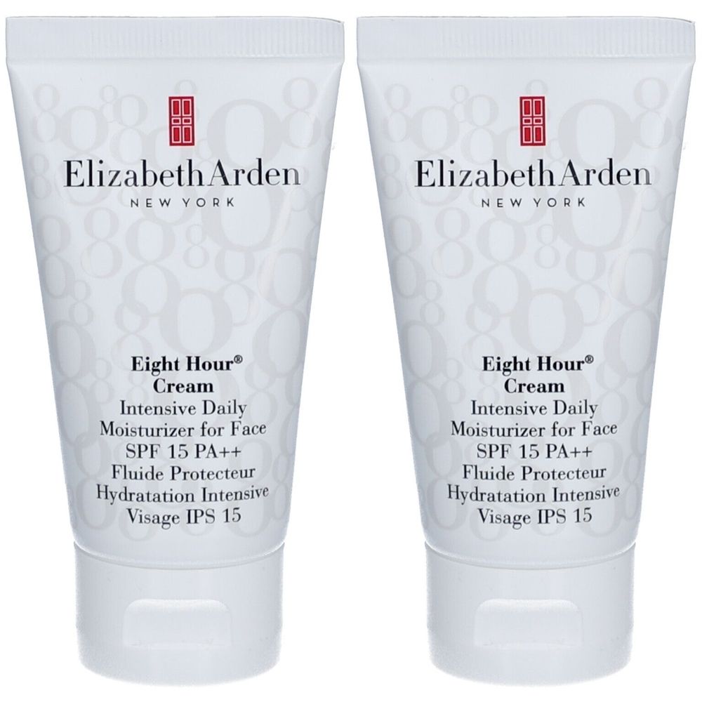 Twee tubes Elizabeth Arden Eight Hour Cream, dagelijkse gezichtscrème. Witte tubes met rood logo en tekst.