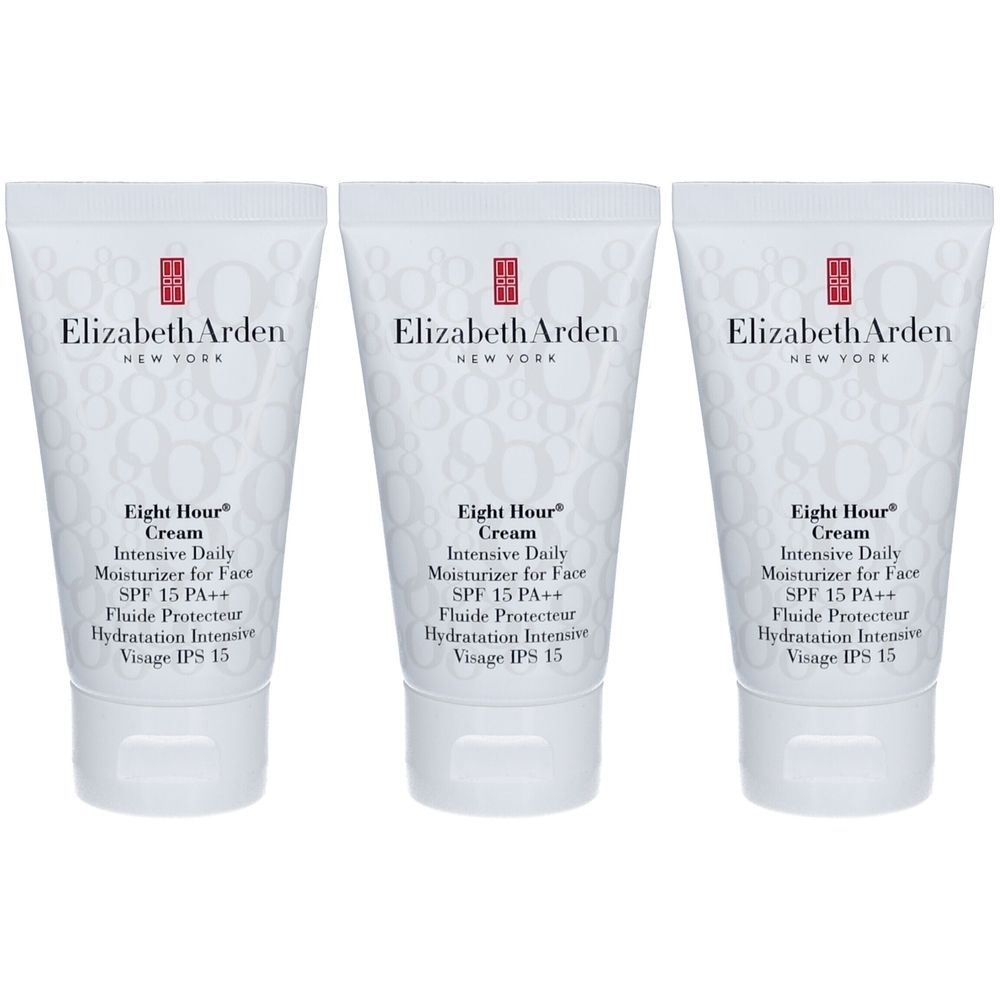 Trois tubes blancs avec texte. Inscription: Elizabeth Arden, Eight Hour Cream, Intensive Daily Moisturizer for Face, SPF 15 PA++.