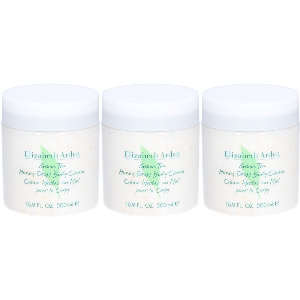 Drie witte potten met deksels. Opschrift: Elizabeth Arden, Green Tea Honey Drops Body Cream. 16,9 FL. OZ. 500 ml.