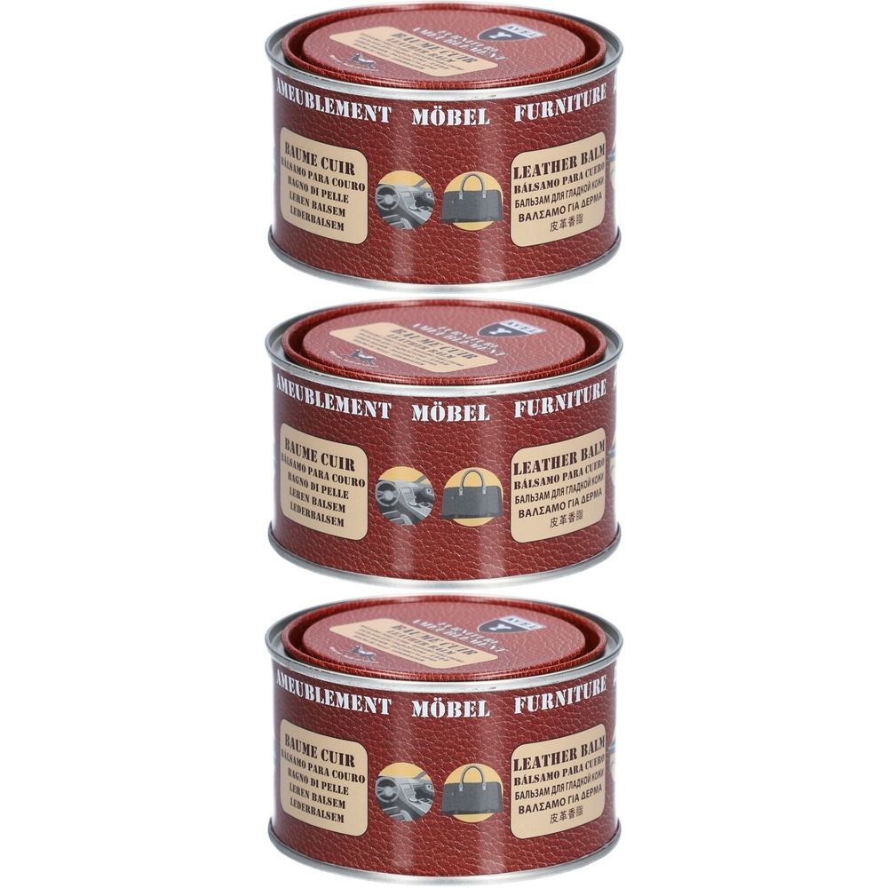 Drie blikken leerbalsem. Rode deksel, bruin blik. Opschrift: MEUBLEMENT MÖBEL FURNITURE, LEATHER BALM.