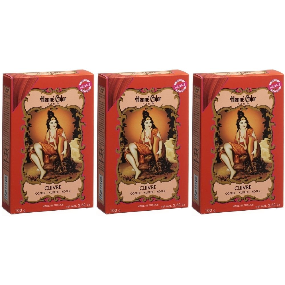 Drie identieke dozen Henna Color Paris Cuivre. Rode verpakking met afbeelding van een vrouw. Tekst: Cuivre, 100 g, Net Wt. 3.52 oz.