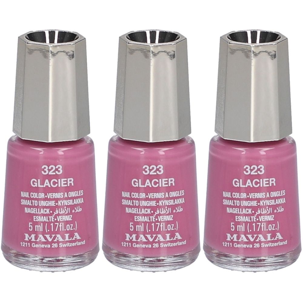 Trois flacons de vernis à ongles rose. Bouchon argenté. Inscription : 323 Glacier, Mavala, 5 ml.