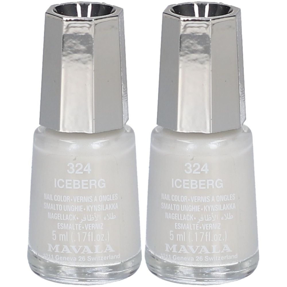 Deux flacons de vernis à ongles blanc-gris. Bouchon argenté. Inscription : 324 Iceberg, Mavala. 5 ml.