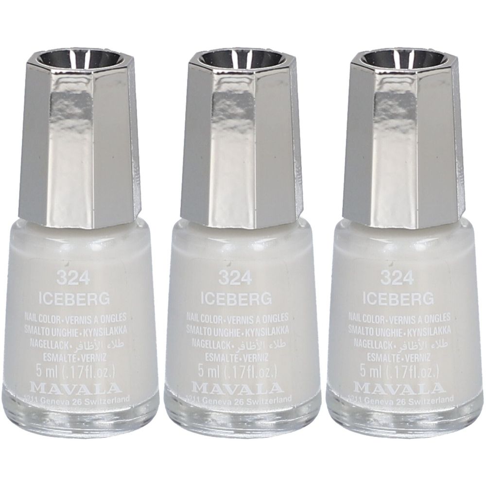 Trois flacons de vernis à ongles blanc-gris. Inscription : 324 ICEBERG, MAVALA. Bouchon argenté. 5 ml.