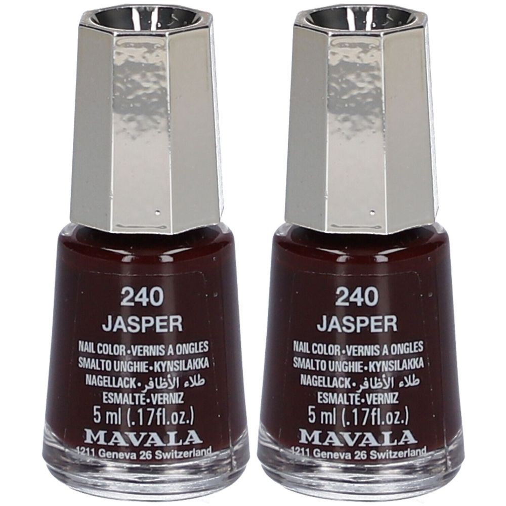 Deux flacons de vernis à ongles, couleur 240 Jasper. Bouchon argenté, liquide brun. Inscription : Mavala, 5 ml.