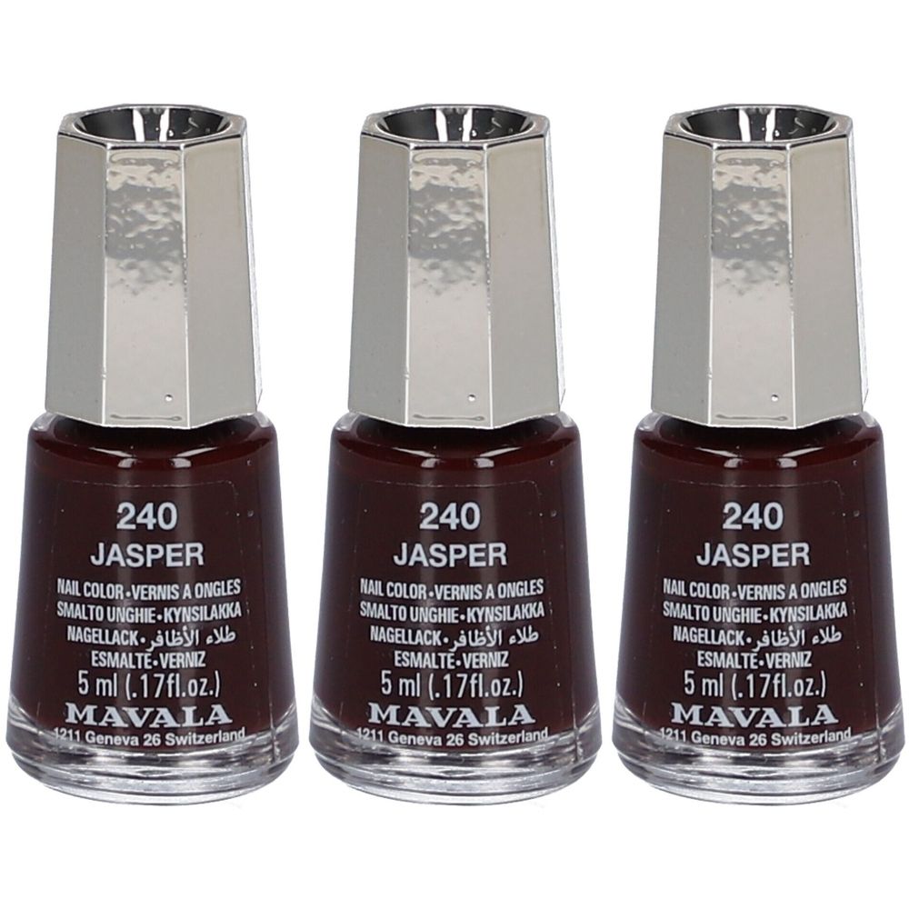 Trois flacons de vernis à ongles brun foncé. Inscription : 240 JASPER, MAVALA. Bouchon argenté.