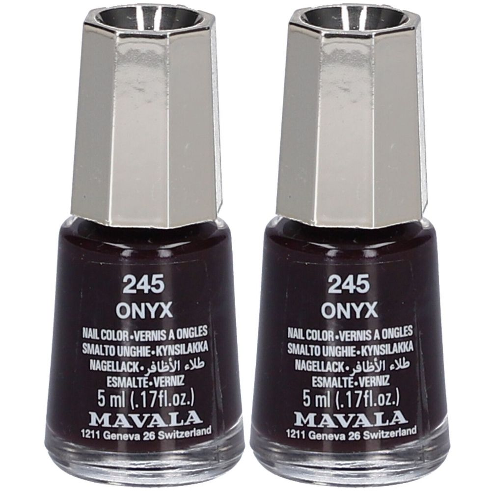 Deux flacons de vernis à ongles brun foncé. Inscription : Onyx, 245, Mavala. Bouchon argenté. 5 ml.