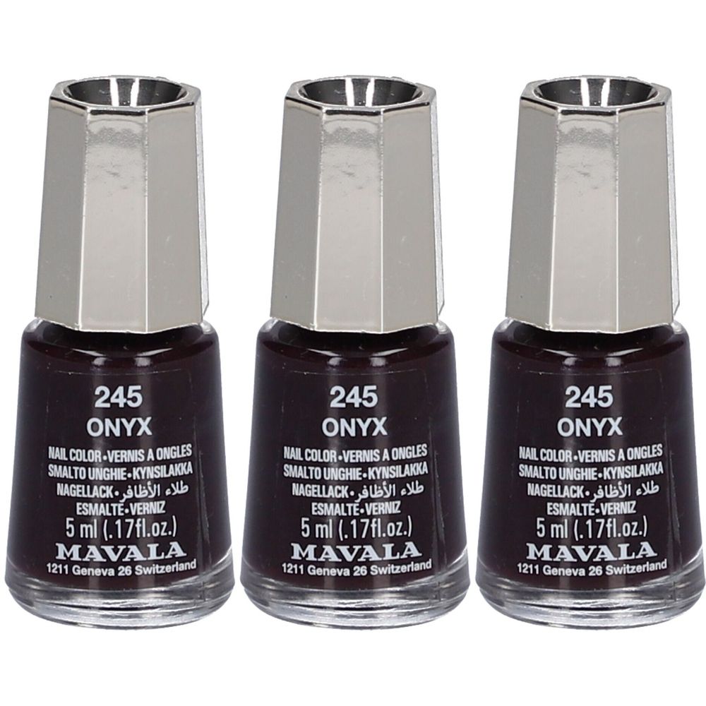 Drie flesjes nagellak Onyx 245. Donkerbruine kleur, zilveren dop. Opschrift: Mavala, 5 ml.