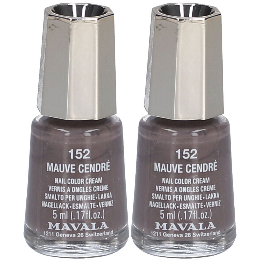 Deux flacons de vernis à ongles Mauve Cendré. Inscription : Mavala, 5 ml. Bouchon argenté.
