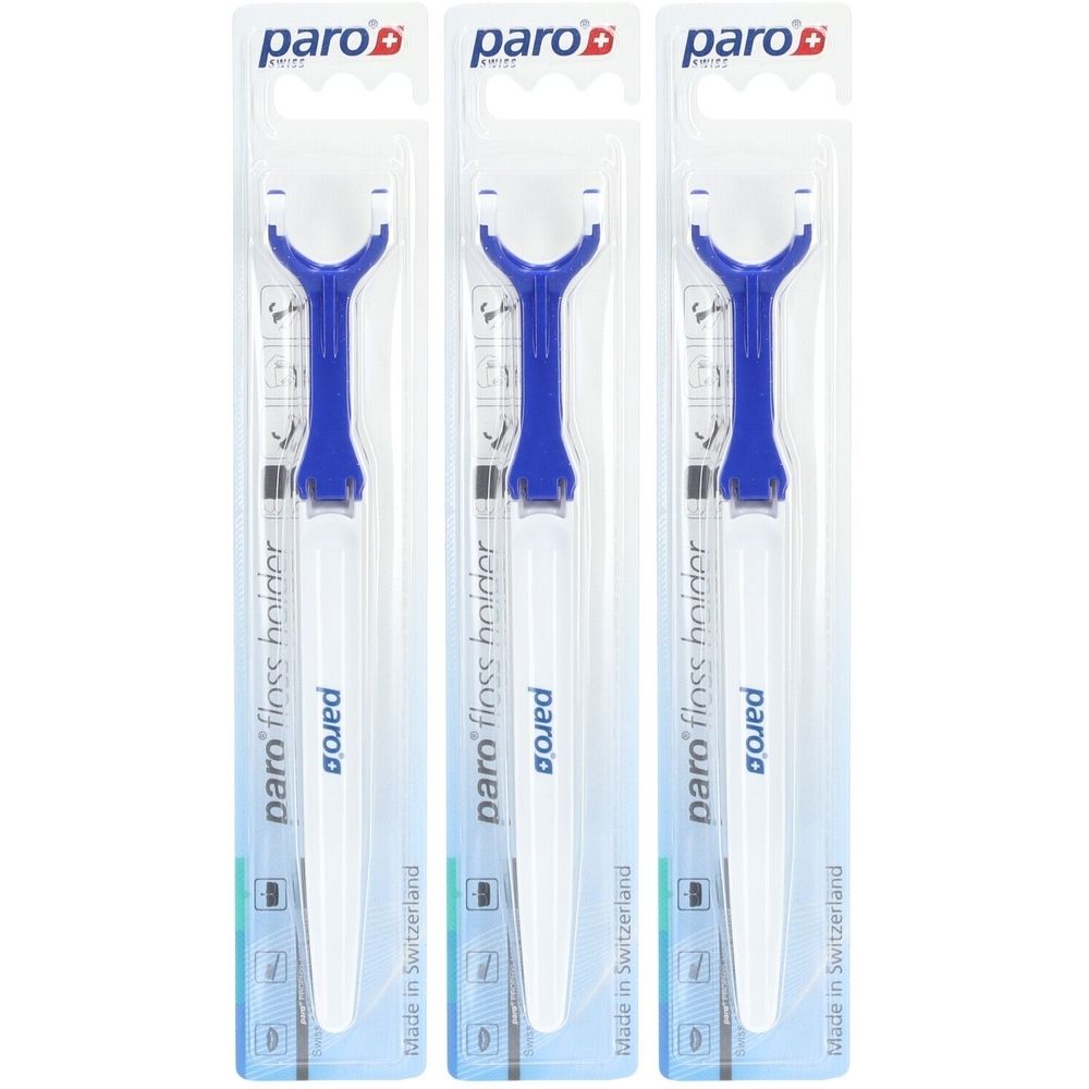 Drie paro® floss houders in blisterverpakking. Blauwe houders met witte handgreep. Merk en productnaam zichtbaar.