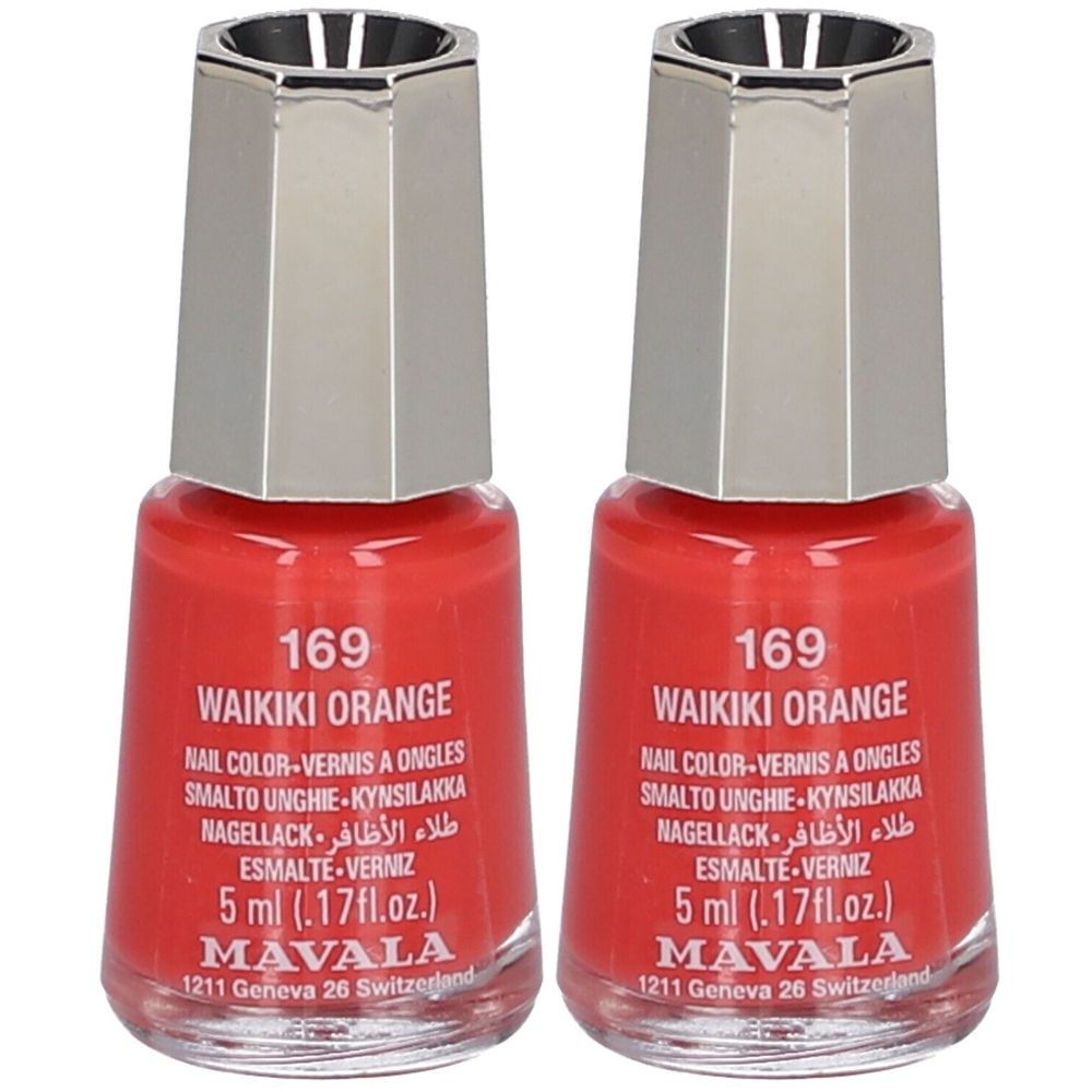 Deux flacons de vernis à ongles orange. Inscription : Waikiki Orange, 5 ml, marque Mavala. Bouchon argenté.