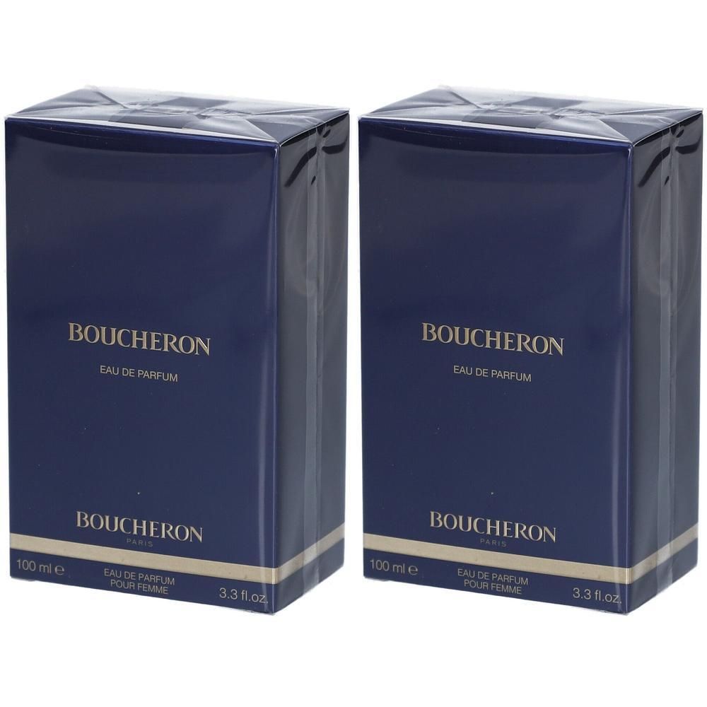 Twee blauwe dozen. Opschrift: BOUCHERON Eau de Parfum. Onderaan: POUR FEMME. 100 ml, 3.3 fl.oz.